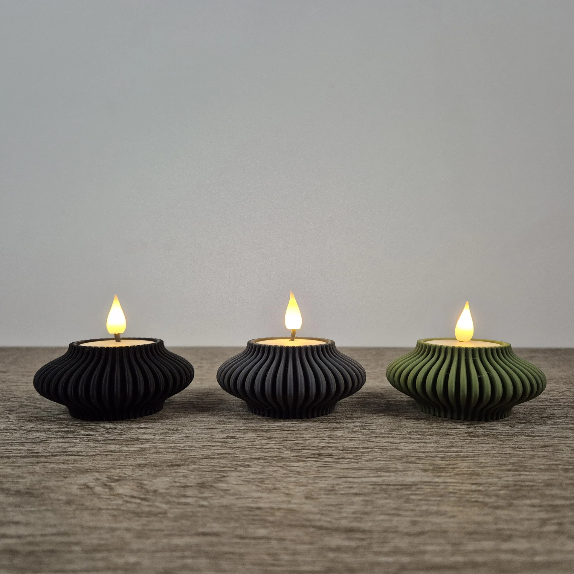 Theelichthouder rond – set van 3 (zwart, grijs, groen)