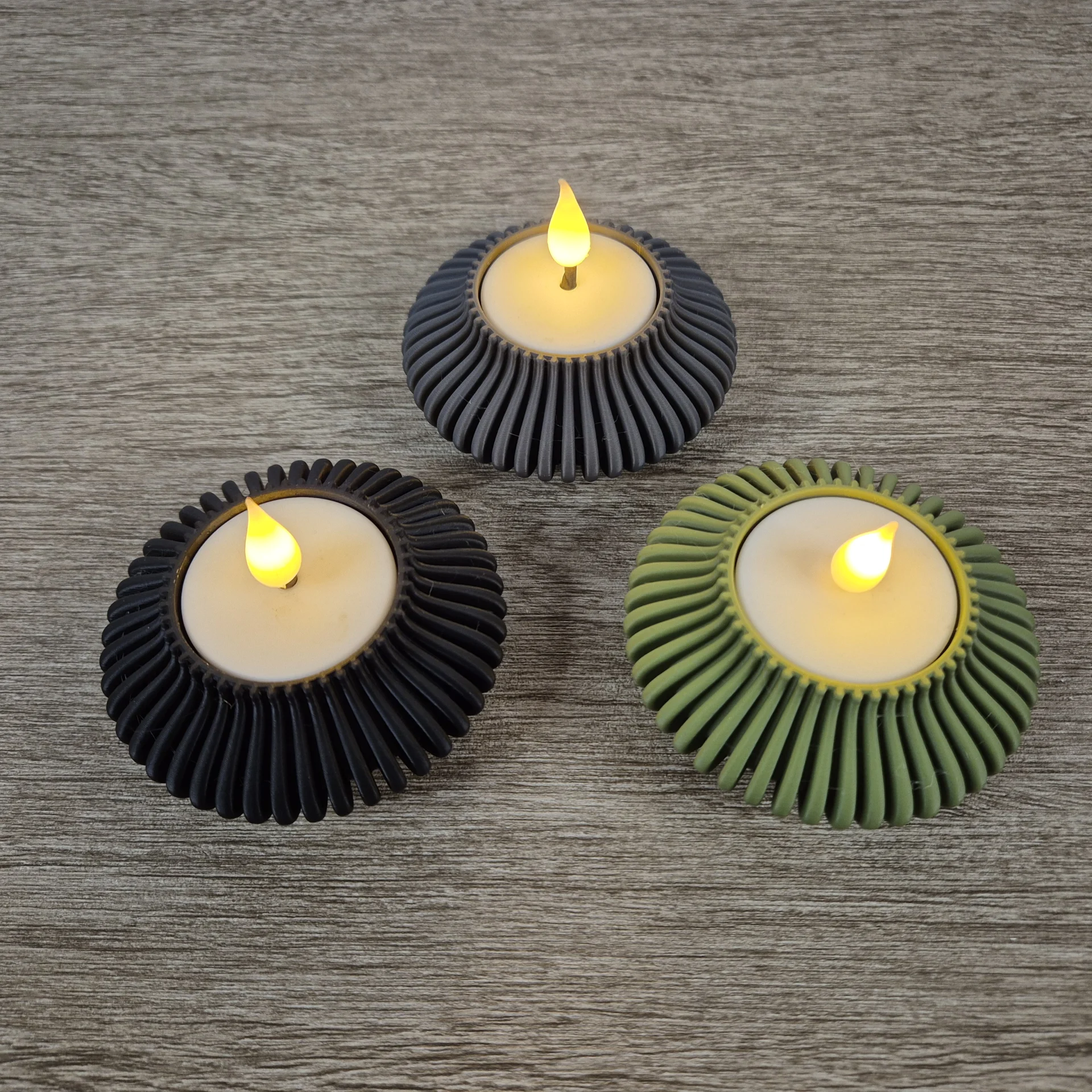 Theelichthouder rond – set van 3 (zwart, grijs, groen)